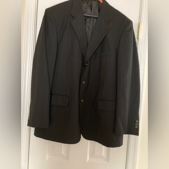 Men’s Tom Taylor suit. Black with a thin white pinstripe. 44x38 - Picture 2 of 6